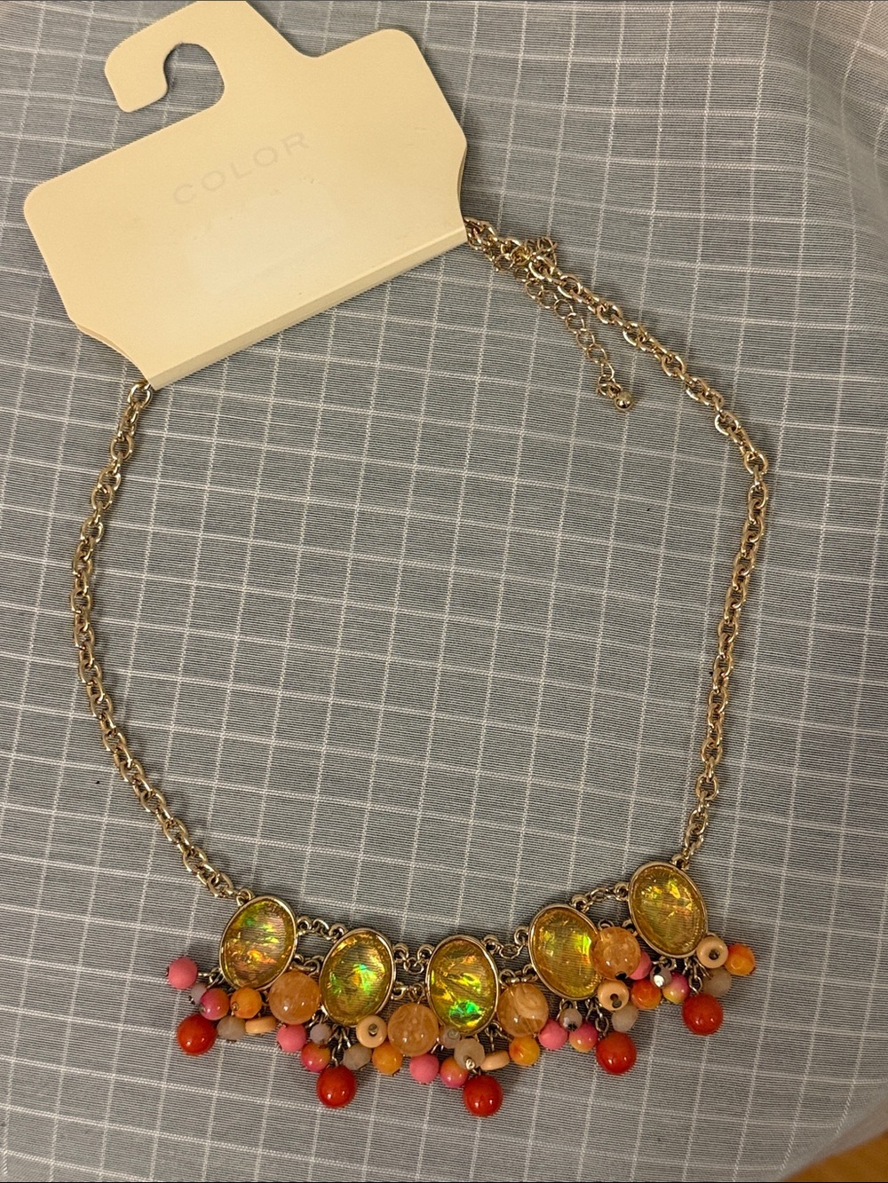 Kohl's Gold-Tone Necklace with Yellow Iridescent Stones and Multicolor Beads